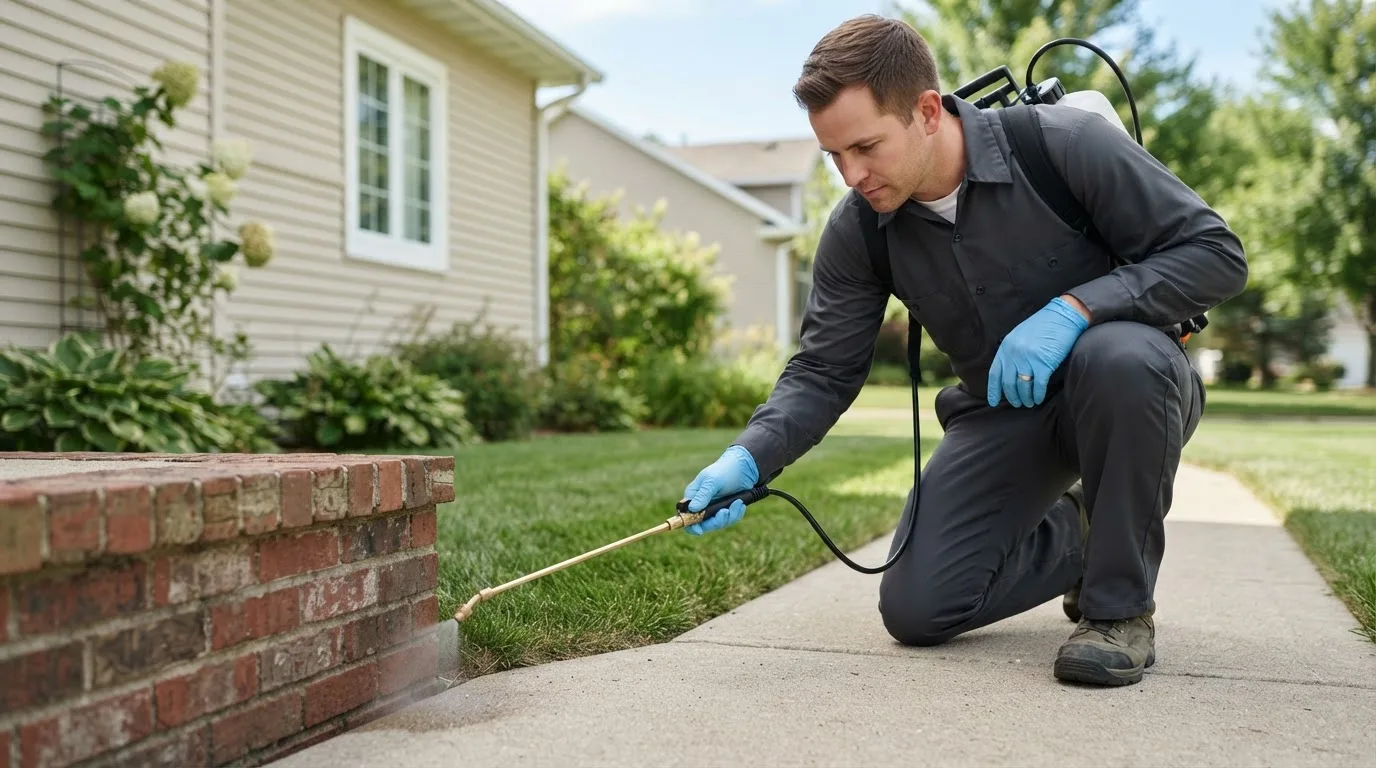 Pest control technician treating a home near Tawas City, MI